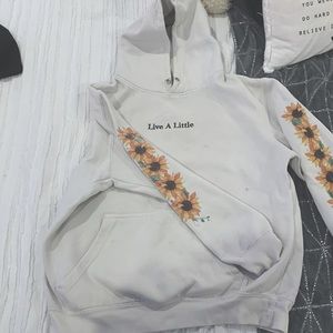 LIVE A LITTLE HOODIE- comfy white oversized hoodie with sunflowers on arms. 🌻🌻